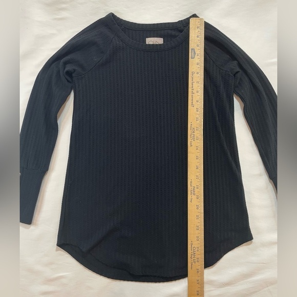 Chaser Top Womens Small Black Long Sleeve Waffle Knit Button Cuffs Crew Neck - Picture 5 of 9